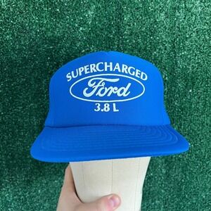 Vintage Ford Supercharged 3.8 L Trucker Snapback Hat Cap Blue Puff Print 80s